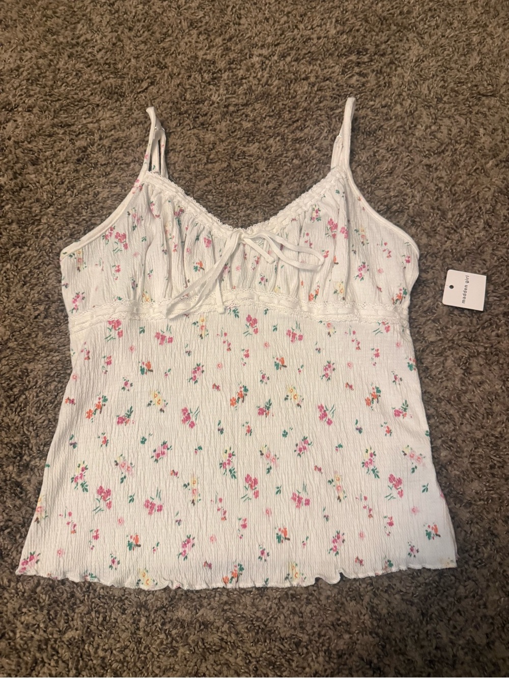 Madden Girl White Floral Spaghetti Strap Tank Top with Pink & Green Details